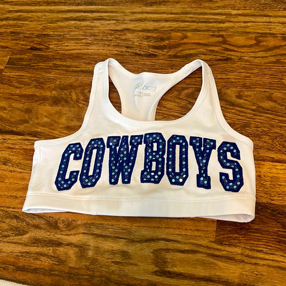 Bcg white sports bra with cowboys text